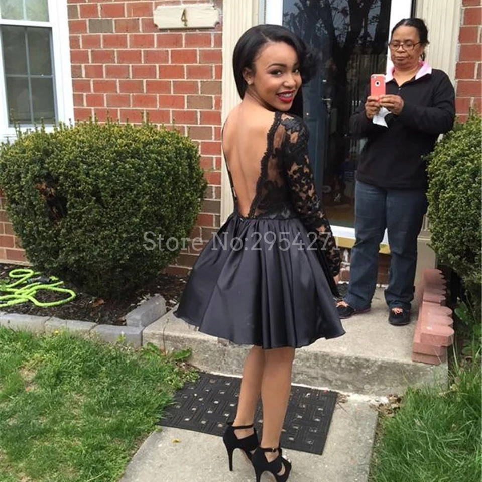 Черное платье для выпускного вечера короткое Кружевное коктейльное с открытой