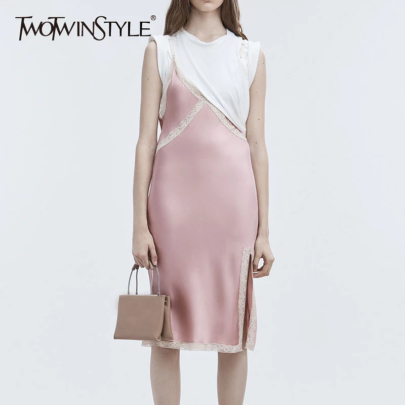 Женское кружевное платье TWOTWINSTYLE лоскутное футболка с коротким рукавом