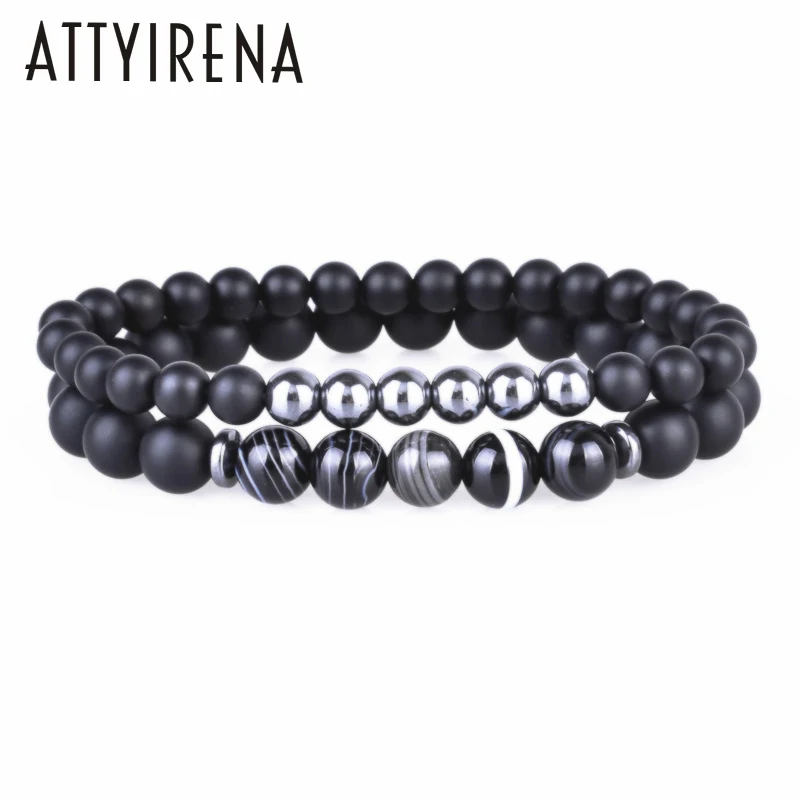 Браслет ATTYIRENA из натурального камня бусина в полоску 8 мм с бусинами черные