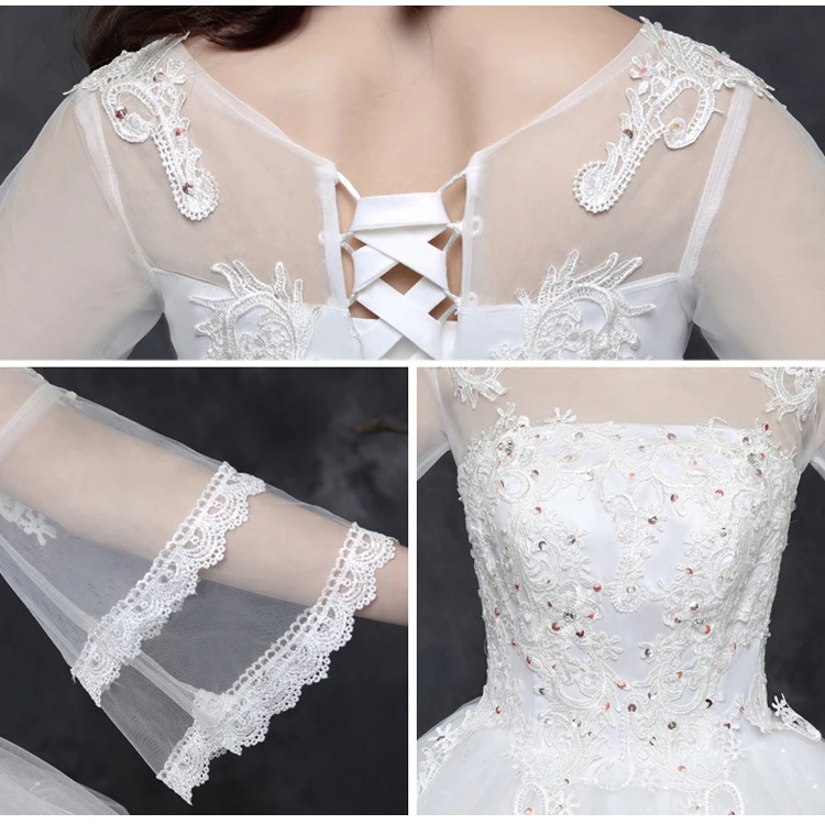 

Bridal Dress Long Sleeve 2019 Wedding Gown Ball Gown Simple Illusion Floral Lace Tulle O-Neck Bell Sleeve Floor Length White