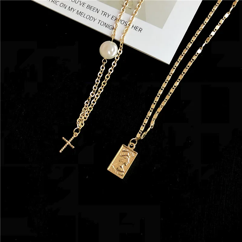 Aikasiya Fashion Double-layer Gold Necklace for Women Cross Portrait Pendant Natural Pearl Female Jewelry | Украшения и