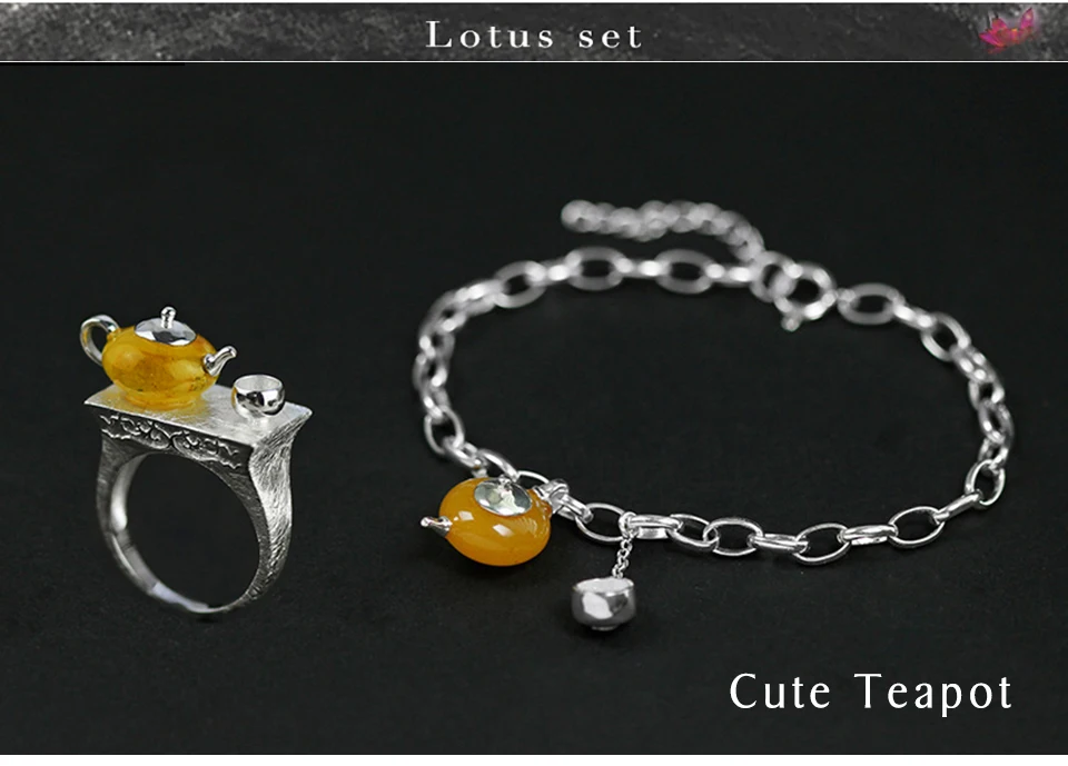 Lotus весело Настоящее стерлингового серебра 925 натурального янтаря ручной работы Ювелирные украшения милый чайник комплект ювелирных изделий с кольцом браслет