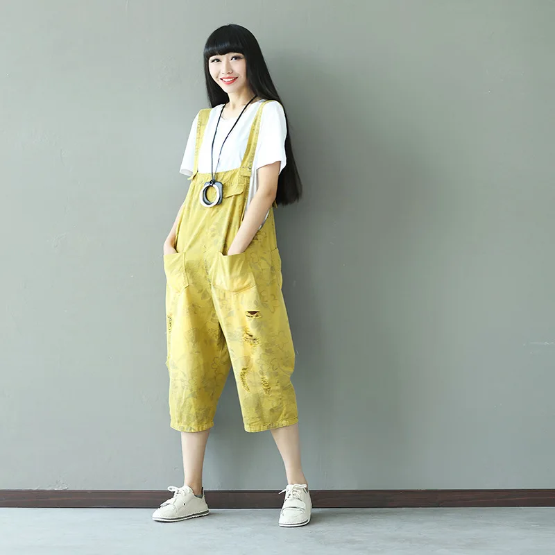 OSOL 2018 New Denim Jumpsuits Pocket Rompers Stripped Loose Women Fashion Casual Overalls Printed old style Japanese |