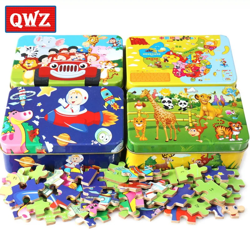 QWZ 60 шт 3D DIY деревянные пазлы обучающая игрушка милая головоломка железный ящик