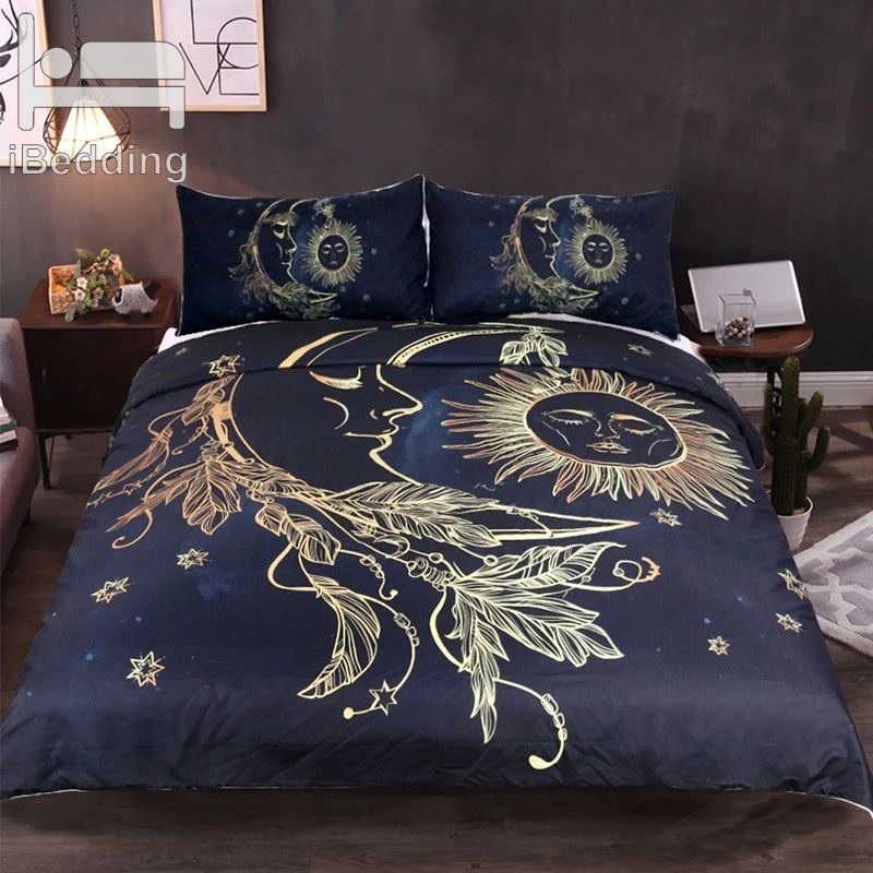 3Pcs/Set Golden Sun and Moon Black Comforter Bedding Set Twin Full Queen King Galaxy Bohemian Bedclothes 3d Duvet Cover Sheets | Дом и сад