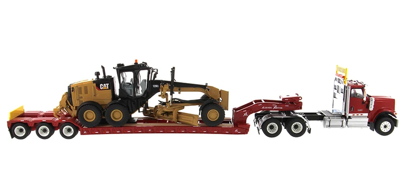 DM-85598 1:50 Международный HX520 тандем день кабина трактор с XL 120 Lowboy трейлер в красном и Cat 12M3 грейдер