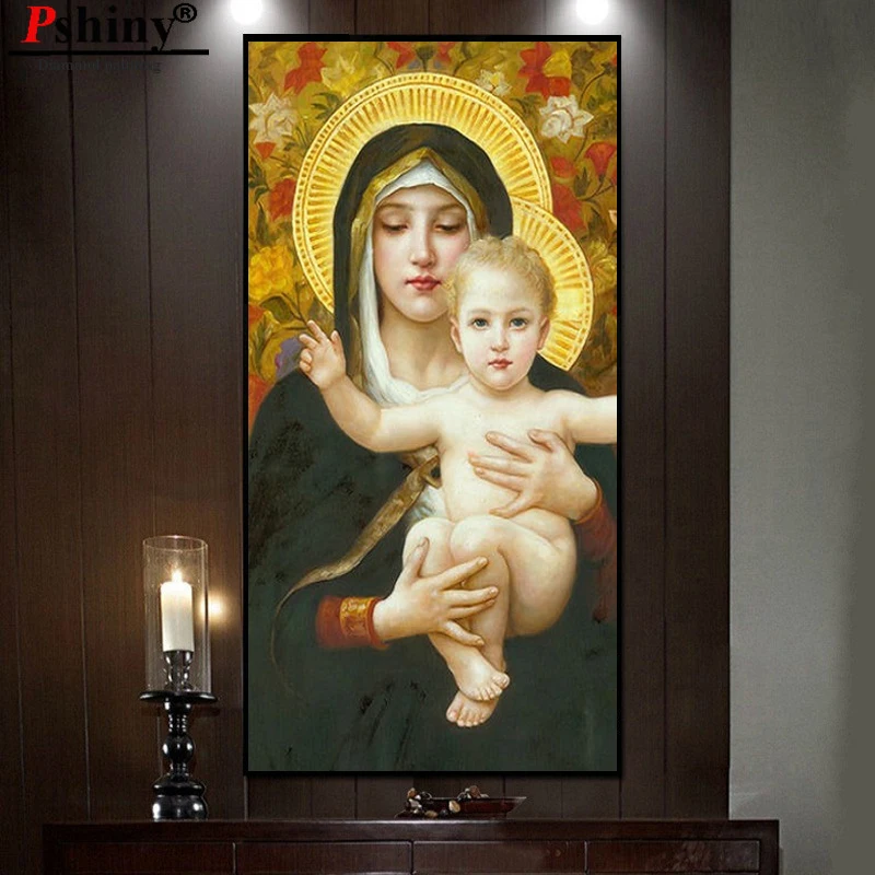PSHINY DIY 5D Вышивка с бриллиантами Девы Марии христианские картины из кристаллов