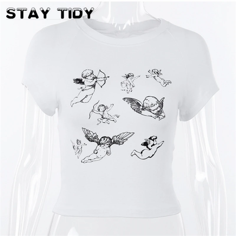 STAY TIDY Angel Cupid Print Cotton Crop Tops Summer Women 2019 Short Sleeve O-Neck Slim T Shirts Casual Female Streetwear Tees | Женская