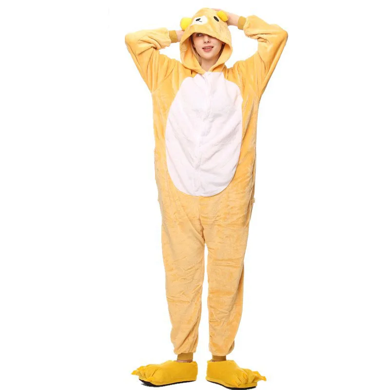 Rilakkuma Bear Kigurumi Onesie Adult Women Animal Pajamas Suit Flannel Warm Sleepwear Onepiece Winter Warm Pijama Cosplay