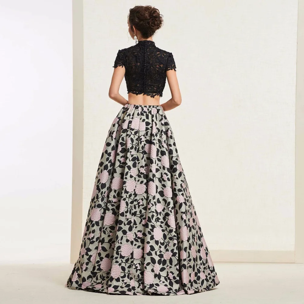 Tanpell print flowers prom dresses high neck short sleeves floor length women lace button formal custom a line gown | Свадьбы и