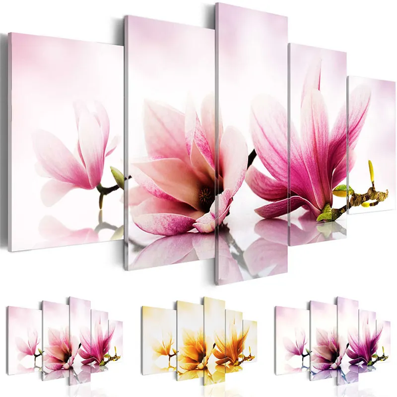 

Modern Painting Canvas 5 Panels Printed Wall Art Modular Picture Watercolor Magnolia Flowers for Living Room Home Decor Bedroom