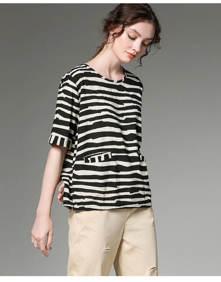 2019 Summer Cotton linen stripe tops round neck short sleeves juniors comfortable loose fit casual shirt cute plus size blouse | Женская