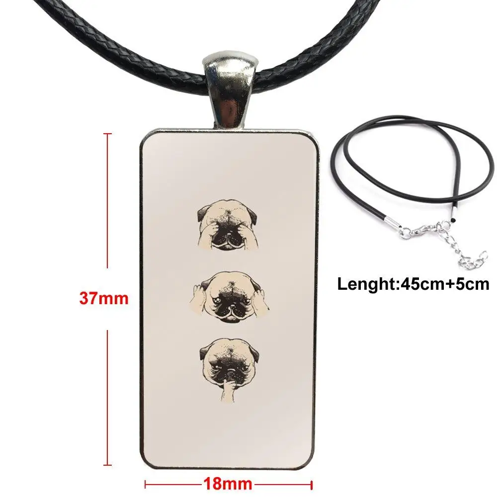 Cute Animal Pug Life Dog Cool Painted For Women Girls Glass Pendant Necklace Handmade Half Rectangle |