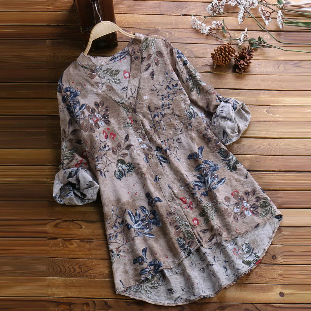 Женская Повседневная льняная футболка с коротким рукавом на пуговицах принтом