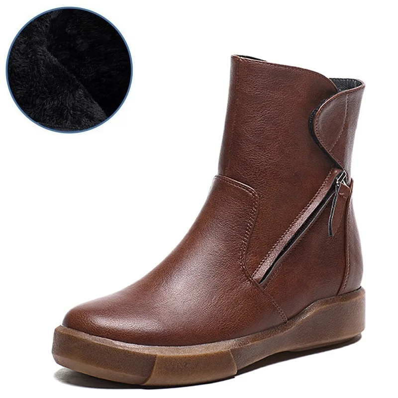 short plush brown DRKANOL/ дизайн; женские ботильоны с круглым носком; коллекция года; винтажные короткие плюшевые зимние ботинки из искусственной кожи; обувь Martin на плоской подошве - Цвет: short plush brown