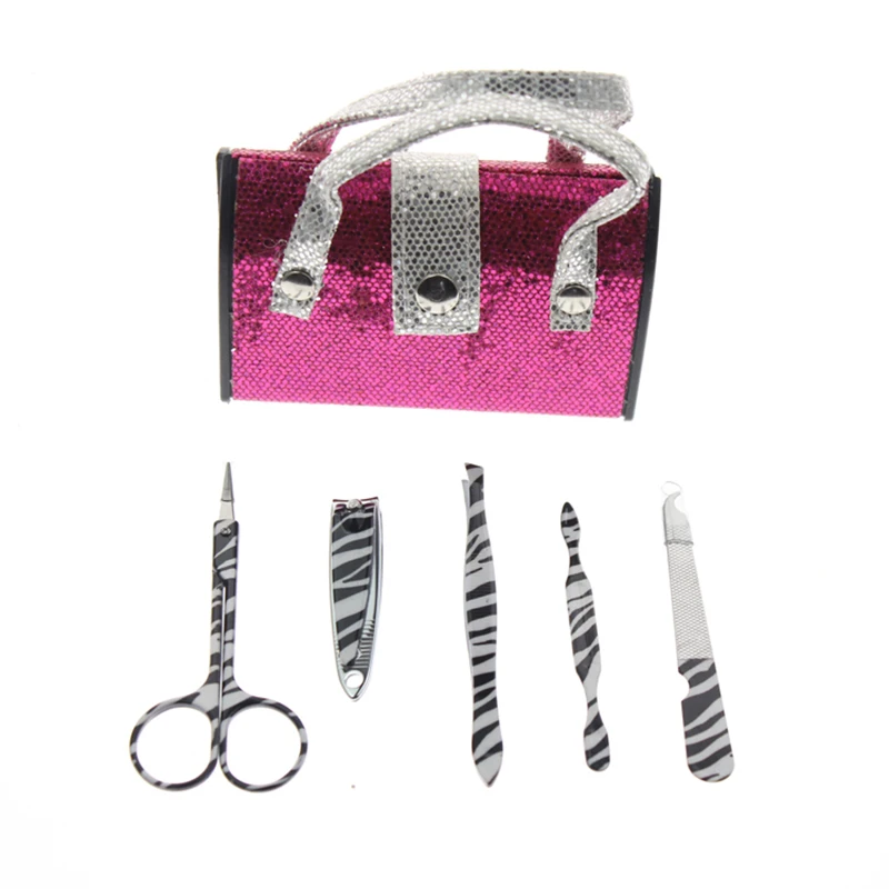 

5Pcs/Set Pink Color Professional Handbag Shape Glitter Manicure Pedicure Set Nail Care Kit Tool For Women Girl Child Kid Gift