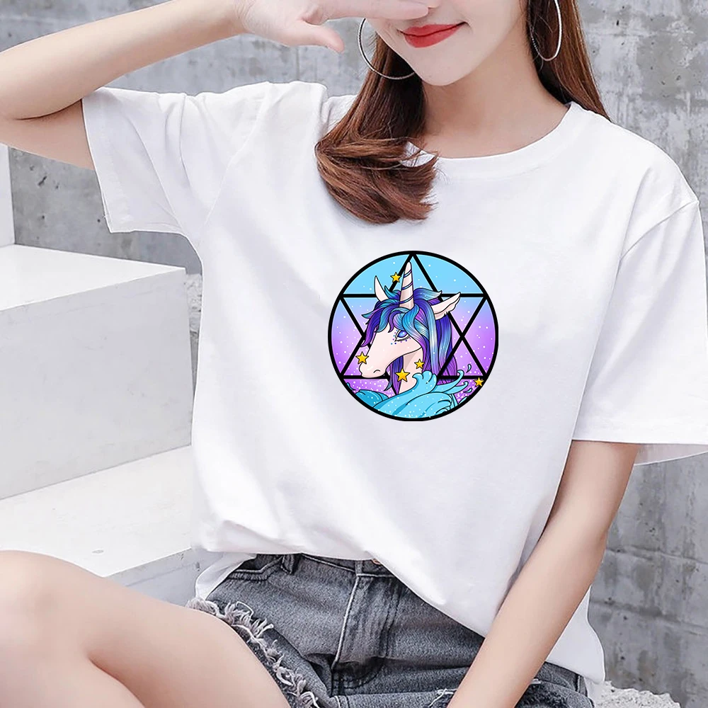 Мода 2019 Kawaii Единорог печатная Женская футболка Летняя мода Licorne короткий рукав