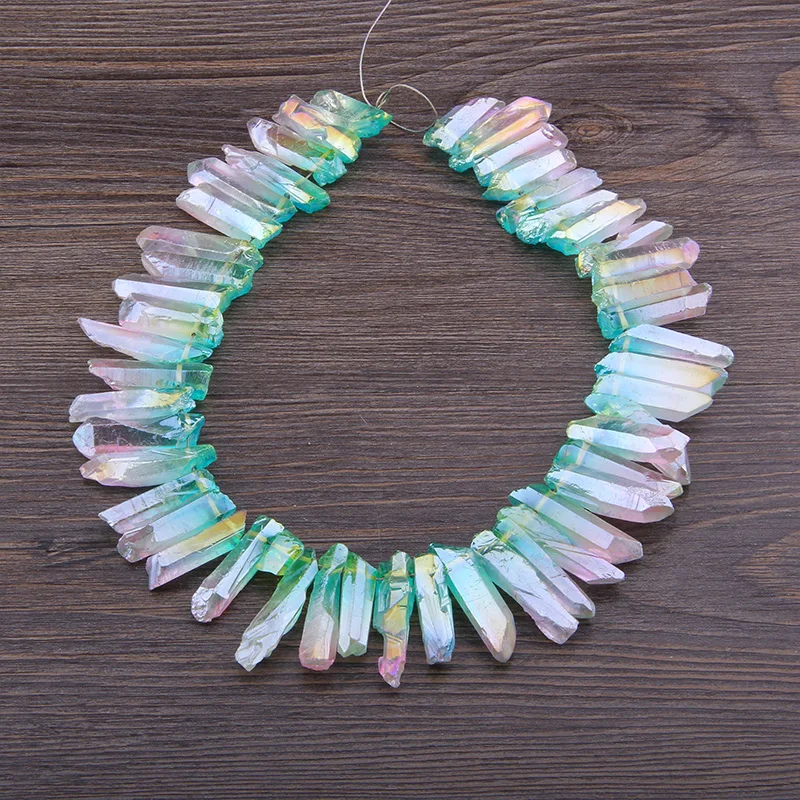 

Natural Rainbow Green Titanium Crystal Quartz Top Drilled Point Beads Raw Crystal Stick pendants Jewelry Making Graduated Aura