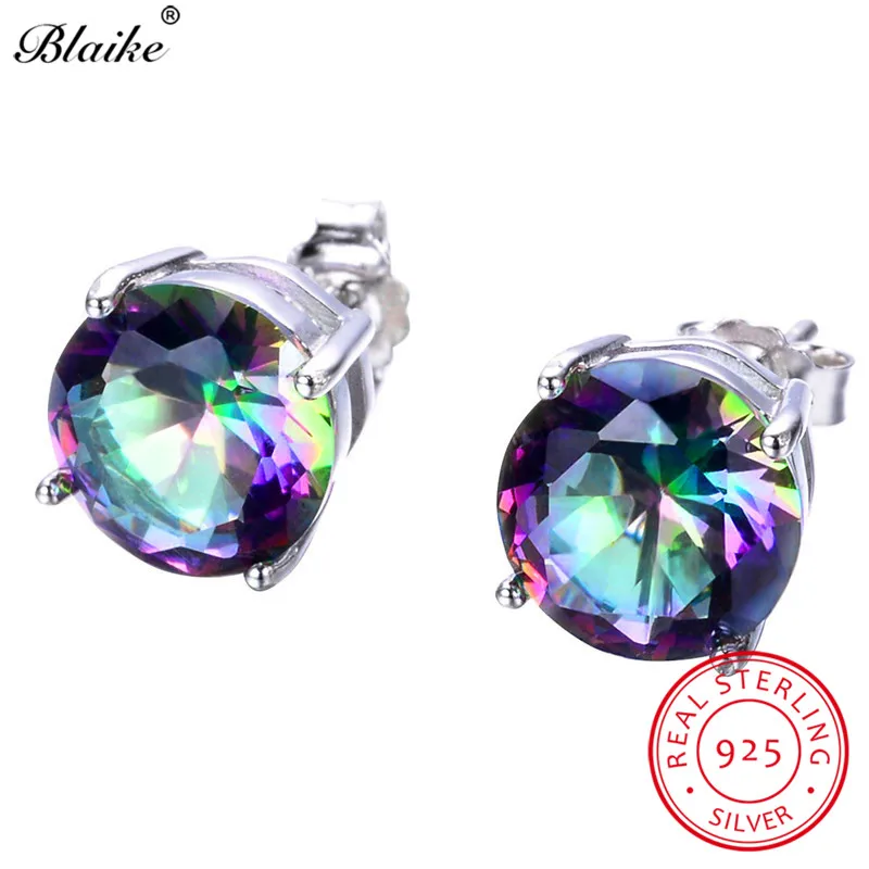 Rainbow Earrings Blaike Мистик Радуга Топаз Циркон круглый камень серьги гвоздики для женщин натуральная 925 пробы серебряные серьги свадебные серьги - Цвет камня: Rainbow Earrings