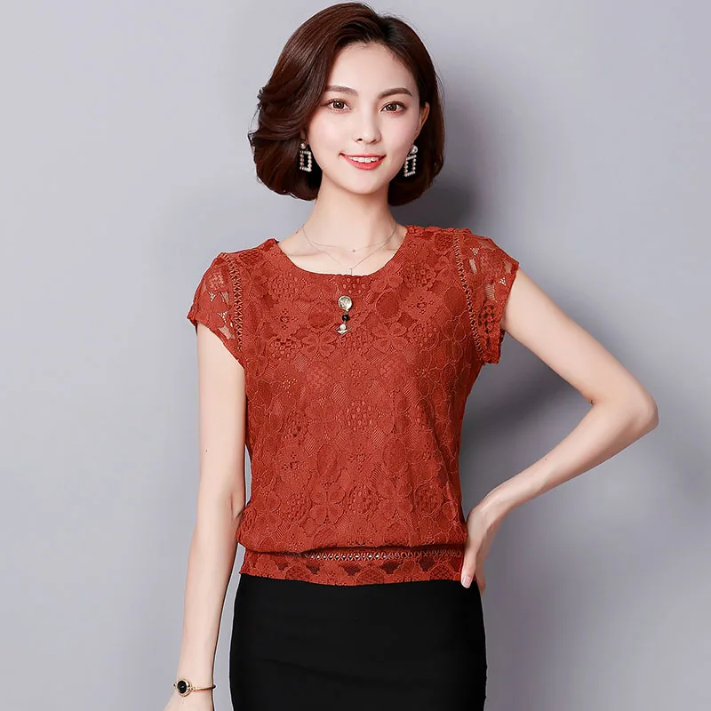Оранжевый Blusas Mujer De Moda, летняя женская кружевная блузка с коротким рукавом, модные женские рубашки размера плюс, Женские топы и блузки размера s 3XL - Цвет: Оранжевый