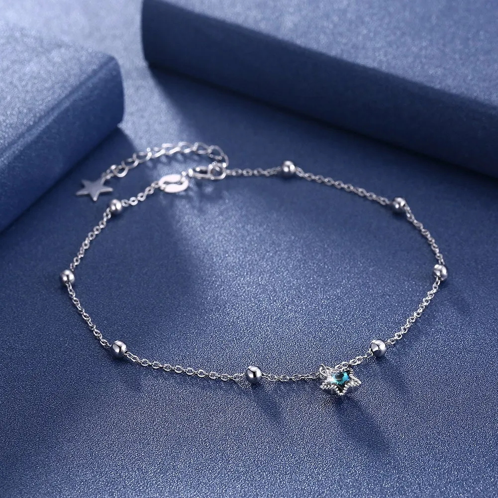 LEKANI кристаллами от Swarovski S925 браслеты серебро синий кристалл Звездное ножные для