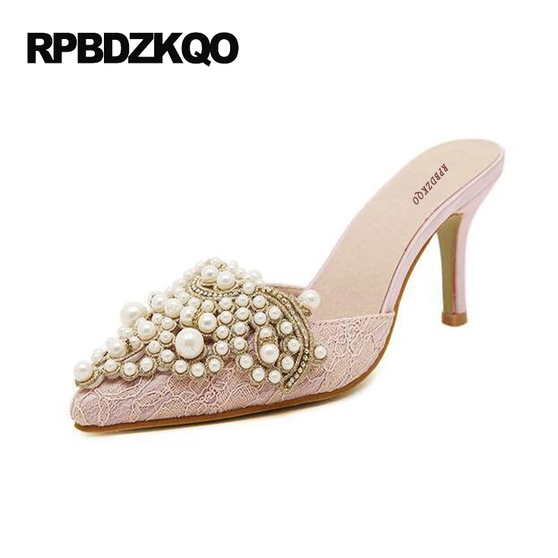 сандалии 2017 жемчужный стилет Мулы домашние тапочки кристалл Женская обувь