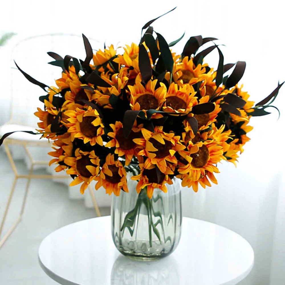 Искусственные 6 голов желтый подсолнух шелк настоящий сенсорный поддельные