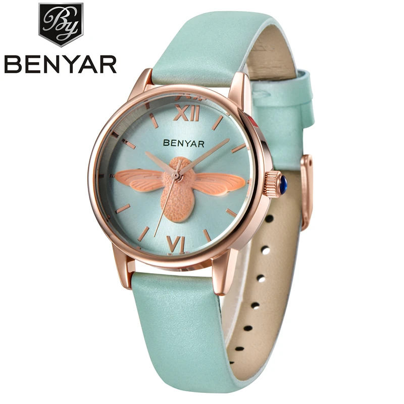 Модные Benyar для женщин часы дамы кварцевые простой стиль черный кожаный женский