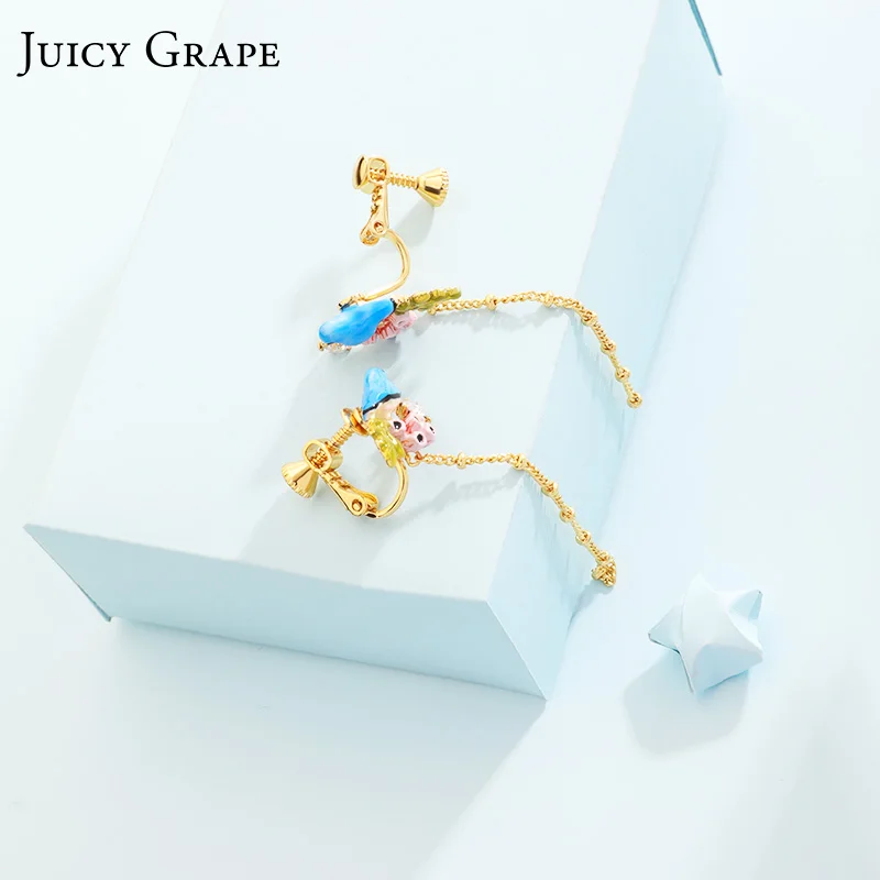 Juicy Grape Enamel Glaze Copper Gilded Spiral Earrings for Women Ear Hook Clip Blue Bird Animal Fashion Jewelry | Украшения и