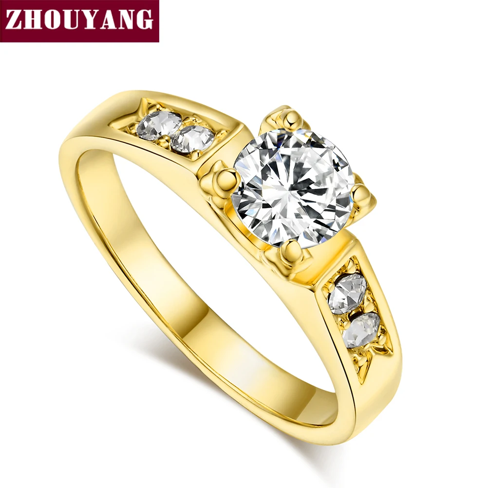 YellowGold ZHOUYANG обручальное кольцо для женщин, классическое 6 мм зубчатое кольцо с кубическим цирконием, обручальное модное ювелирное изделие, подарок на день рождения R051 R052 - Цвет основного камня: YellowGold