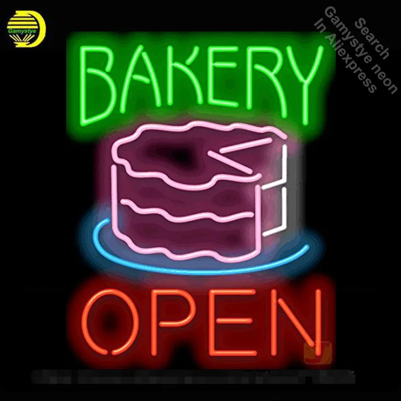 

Neon Sign for Bakery Open with Cake Neon Bulbs sign Lamps handcraft Glass tubes Decorate Beer Wall Room signs made to order