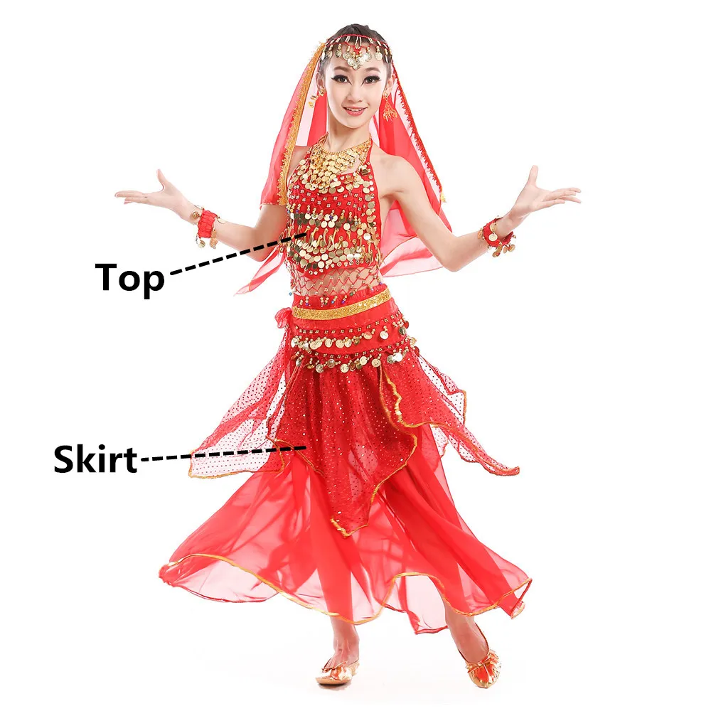 Red 2pcs Костюмы для танца живота для детей, девочек, детская юбка для танца живота, Болливуд, танцевальное платье, для выступлений, соревнований, индийский комплект одежды - Цвет: Red 2pcs