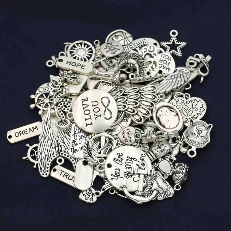 50 шт./лот Смешанные тибетские Посеребренные сердца Ангел Подвески Ювелирные