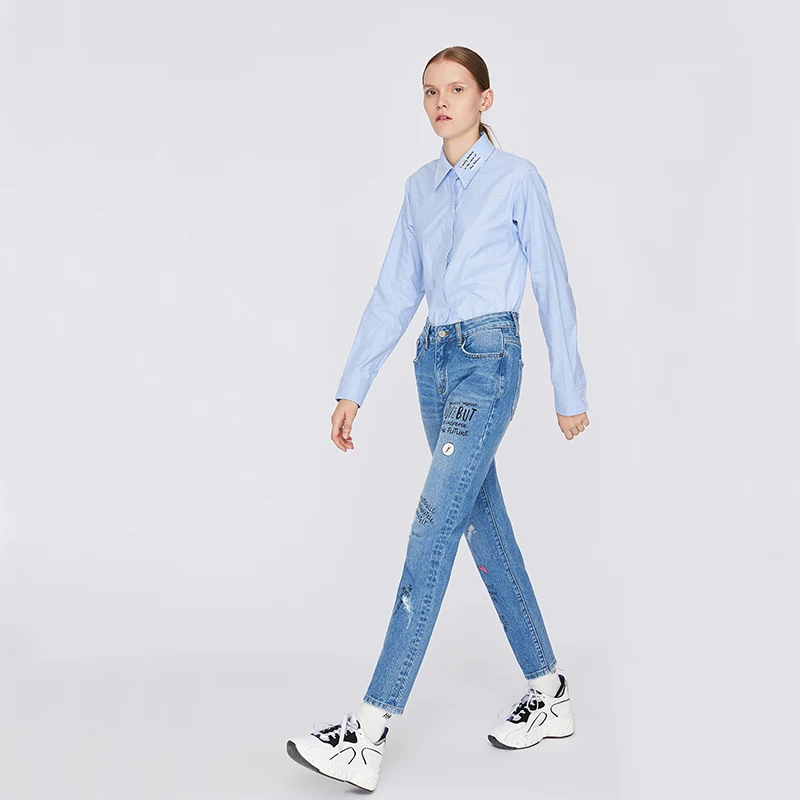 Toyouth New Blue POLO Neck Women Blouse And Shirts Embroidery Harajuku Cotton Camisas Mujer Plus Size Female Blouses Tops| |