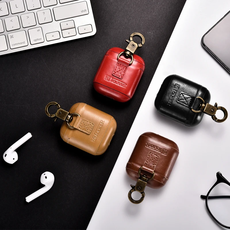 Чехол icarer для AirPods Винтажный чехол из натуральной кожи с металлическим крючком