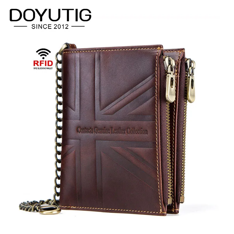 DOYUTIG European Genuine Cow Leather Men Short Wallet High Quality Male Horse Crazy Double Zippers New Coin Purses B044 |