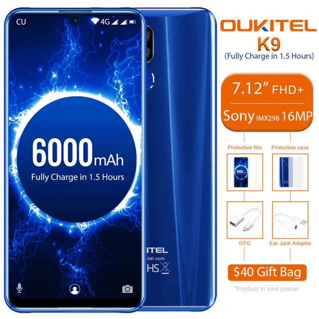 Синий OUKITEL K9 Капля воды 7,1" FHD+ 1080*2244 16MP 4G мобильный телефон 4 Гб 64 Гб MT6765 восьмиядерный смартфон 6000 мАч 5 В/6A Быстрая зарядка - Цвет: Синий