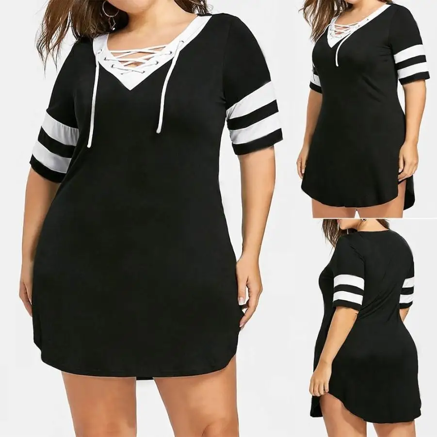 

2018 Hot sale Women ladies Plus Size Patchwork Cross Strap V-neck Short Sleeve Split A-Line Mini Dress black femme F80