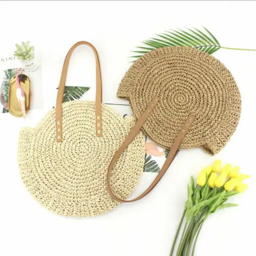 2019 Женская круглая плетеная соломенная сумка из ротанга пляжная через плечо