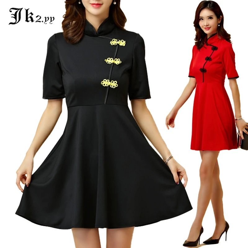 Женское однотонное платье с высоким воротником в китайском стиле летнее