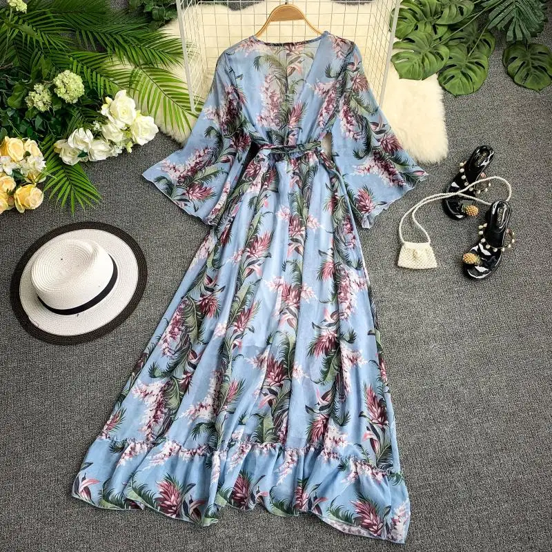 Длинное пляжное платье для женщин тайское макси отпуска с v-образным вырезом