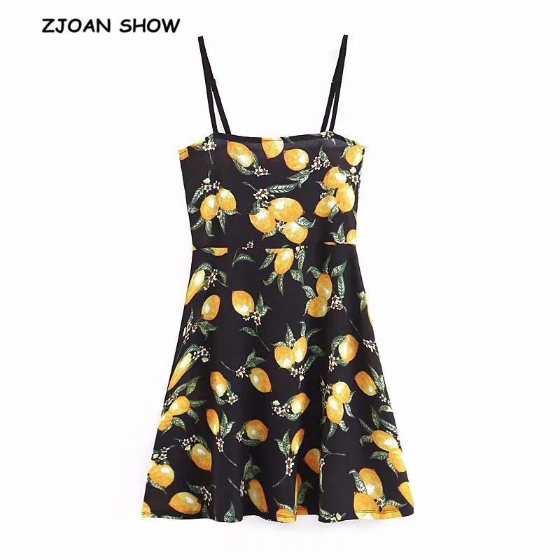 Женское платье на бретельках Черное мини-платье с принтом апельсина лимона бёдер