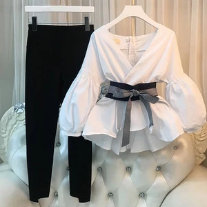 Женский деловой костюм-двойка размера плюс 4XL, костюм из топа и брюк-карандаш с разрезом в полоску, 2018