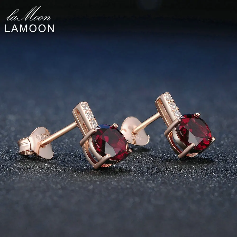 LAMOON Earring Trendy 2ct Natural Red Garnet 925 Sterling Silver Fine Jewelry Stud Earrings For Women Kaffa ChALkeR New | Украшения и