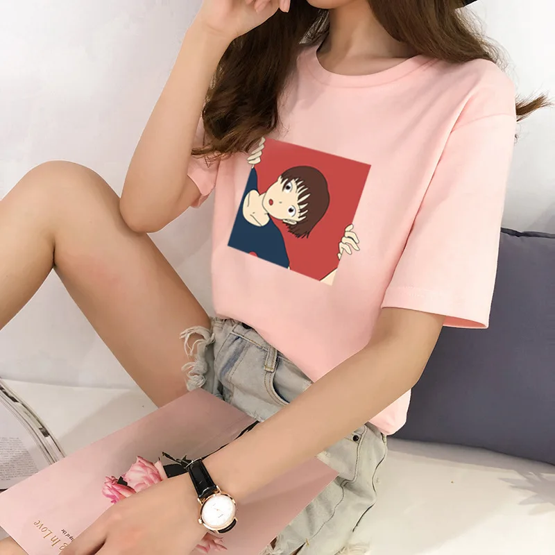 

New T-Shirt Women Summer 100%Cotton TShirt Kawaii Girl Print Short Sleeve Fashion Shirt Femme Tops Tee Women Tshirt