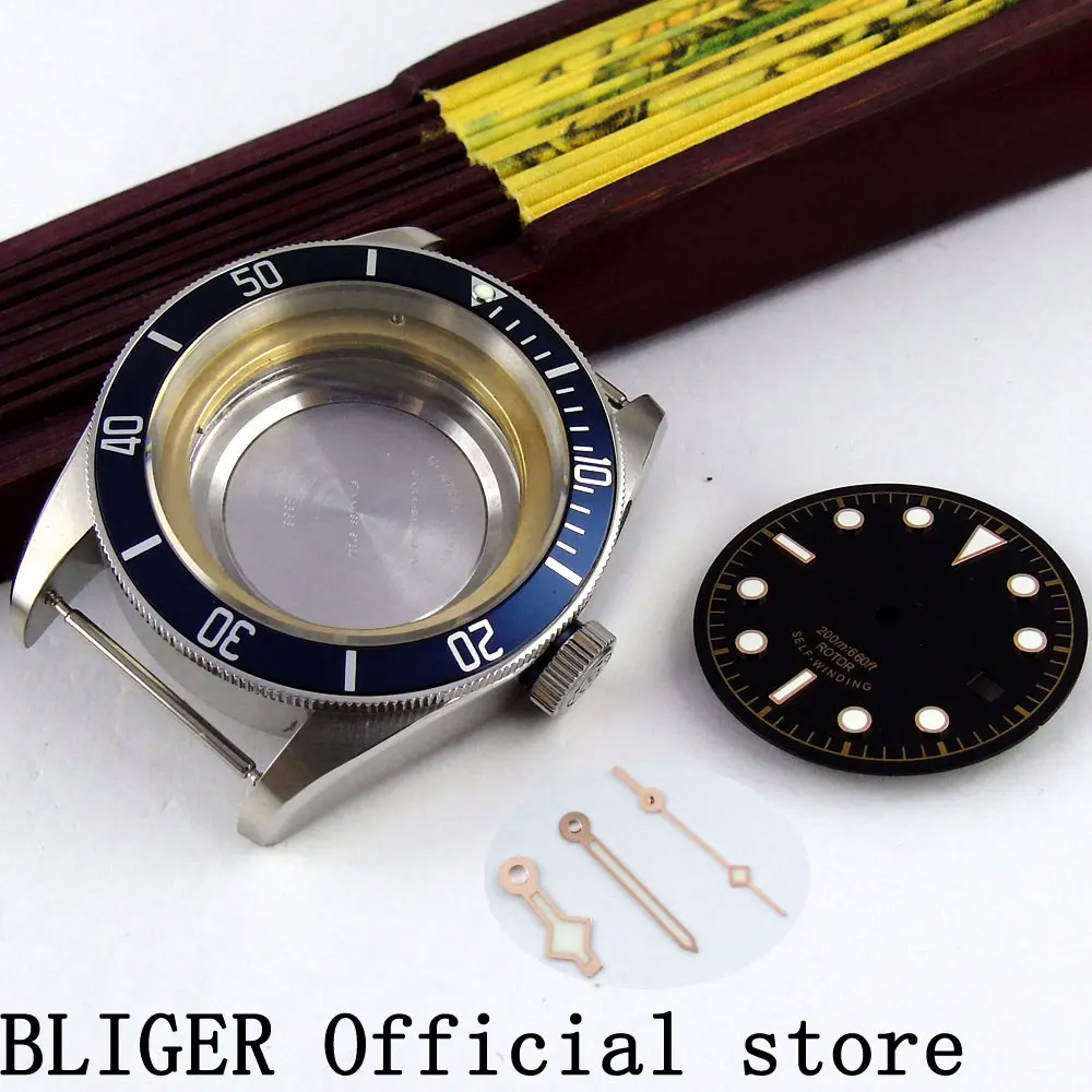 

41mm Bliger sapphire glass ceramic bezel watch case+dial luminous hands fit ETA 2836 movement Watch Men