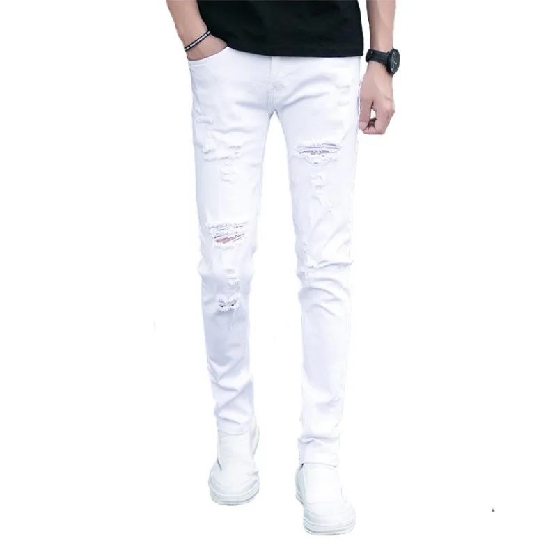 Hole Jeans CN size Новинка, мужские обтягивающие джинсы, обтягивающие, белые, с дырками, стрейчевые, мужские, дизайнерские, джинсовые штаны, мужские, сексуальные, уличная одежда, Quatliy, Потрясающие Брюки - Цвет: Hole Jeans CN size
