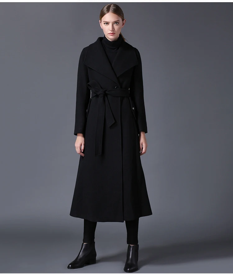 Женское длинное шерстяное пальто однотонное приталенное с поясом Осень зима