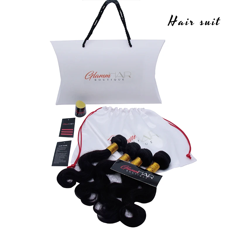 

Custom Virgin Hair Extensions Paper Hang Tags Satin Drawstring Bags Wrapping Stickers OEM Hairs Wrap Bundle Packing Box