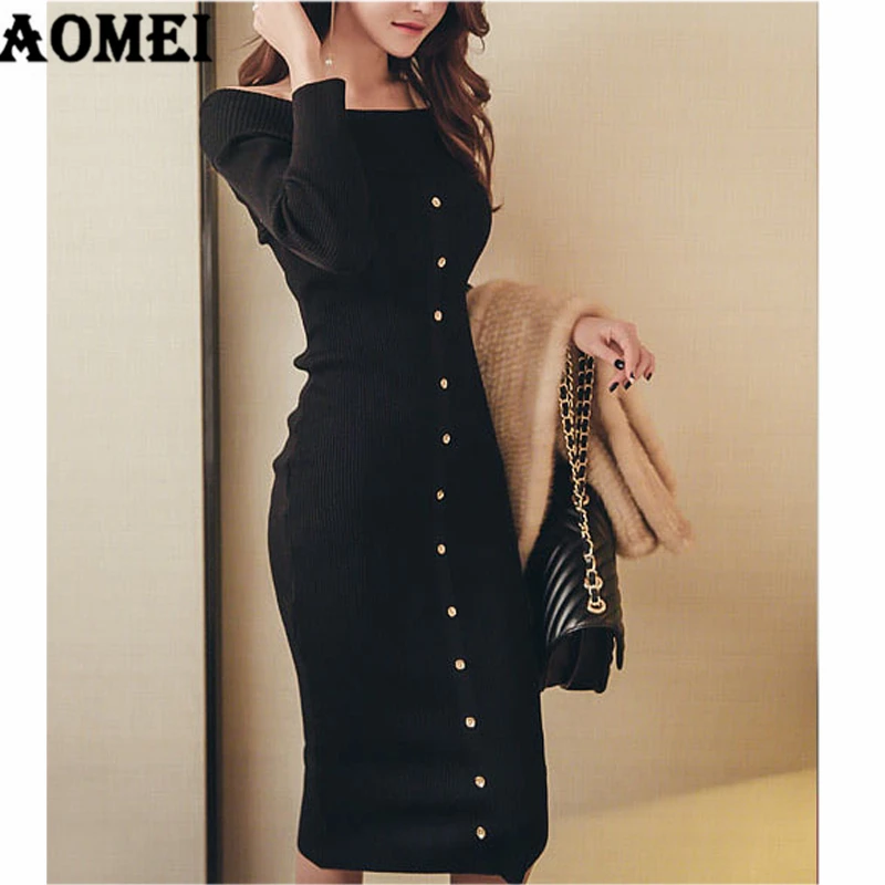 Slimming Sweater Dress Above Knee Knit Off Shoulder Elegant Korean Fall Bodycon Knitted Pullover Women Package Hip Robes Jumper | Женская